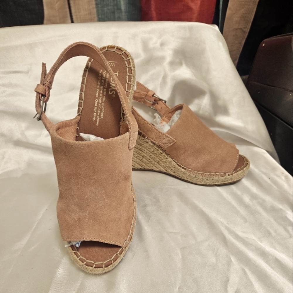 Toms Monica Slingback Wedge Espadrile Peep Toe, Light Pink 8.5W, Excellent